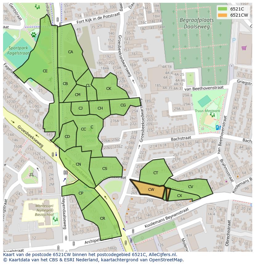 Afbeelding van het postcodegebied 6521 CW op de kaart.
