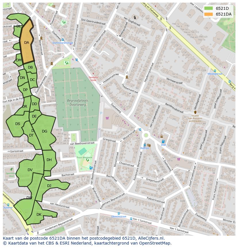 Afbeelding van het postcodegebied 6521 DA op de kaart.