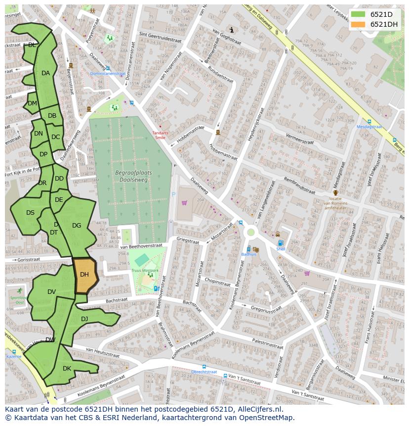 Afbeelding van het postcodegebied 6521 DH op de kaart.