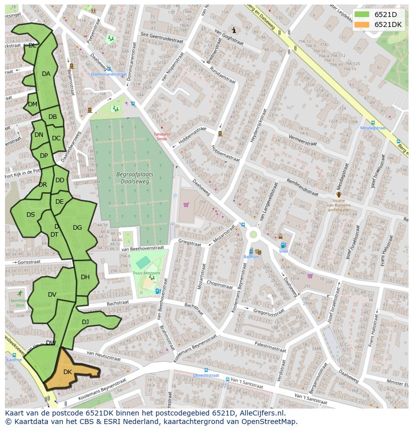 Afbeelding van het postcodegebied 6521 DK op de kaart.