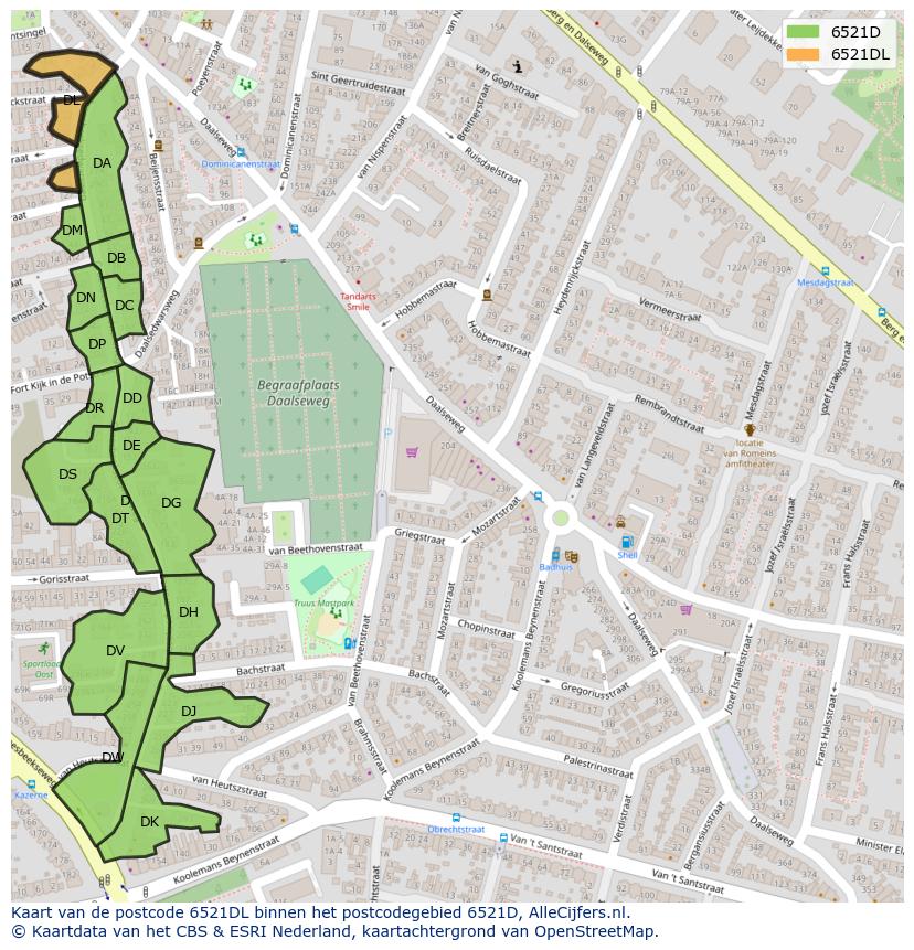 Afbeelding van het postcodegebied 6521 DL op de kaart.