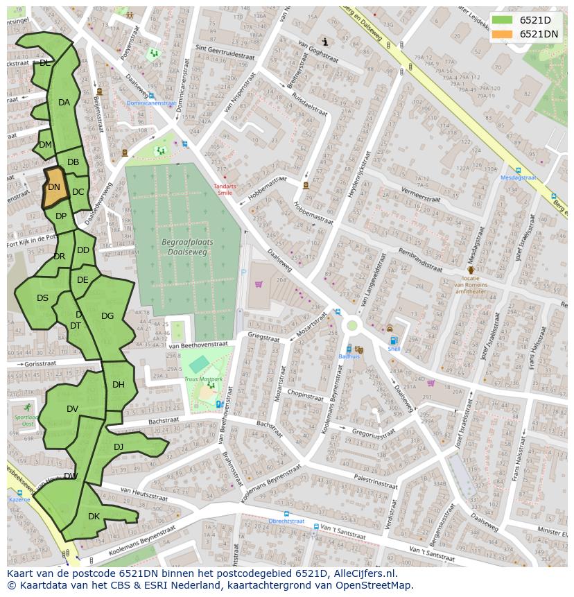Afbeelding van het postcodegebied 6521 DN op de kaart.
