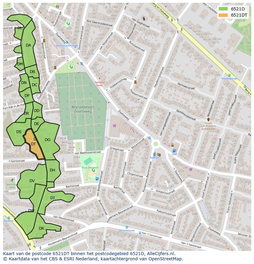 Afbeelding van het postcodegebied 6521 DT op de kaart.