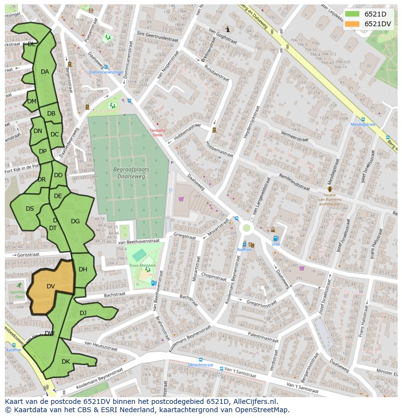 Afbeelding van het postcodegebied 6521 DV op de kaart.