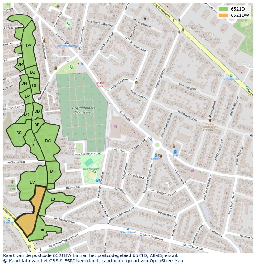 Afbeelding van het postcodegebied 6521 DW op de kaart.
