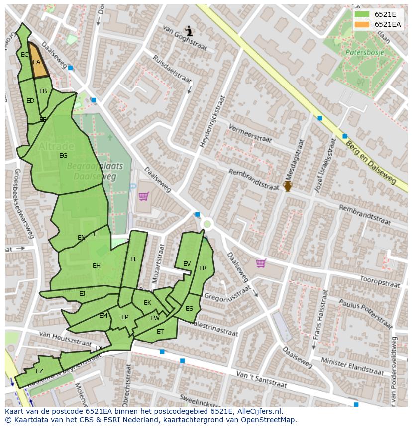 Afbeelding van het postcodegebied 6521 EA op de kaart.