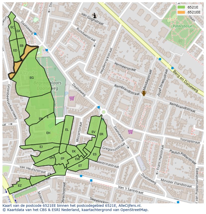 Afbeelding van het postcodegebied 6521 EE op de kaart.