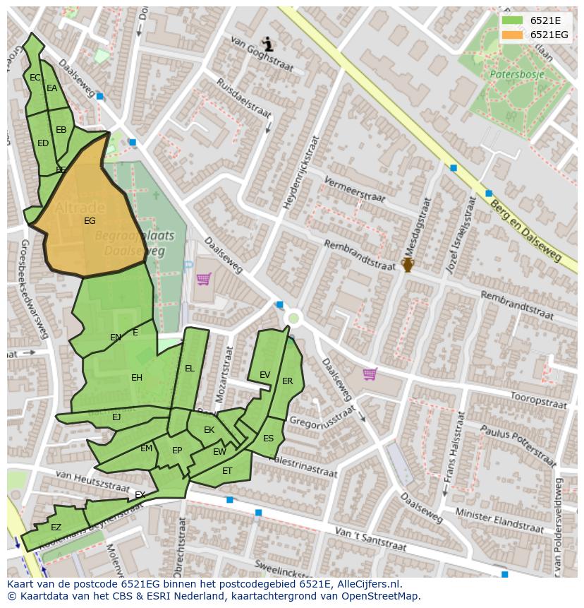 Afbeelding van het postcodegebied 6521 EG op de kaart.