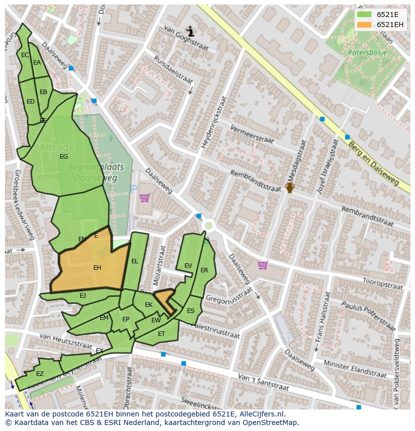 Afbeelding van het postcodegebied 6521 EH op de kaart.