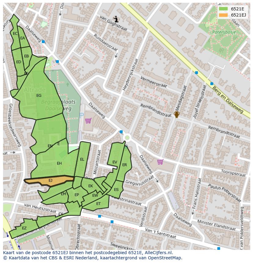 Afbeelding van het postcodegebied 6521 EJ op de kaart.