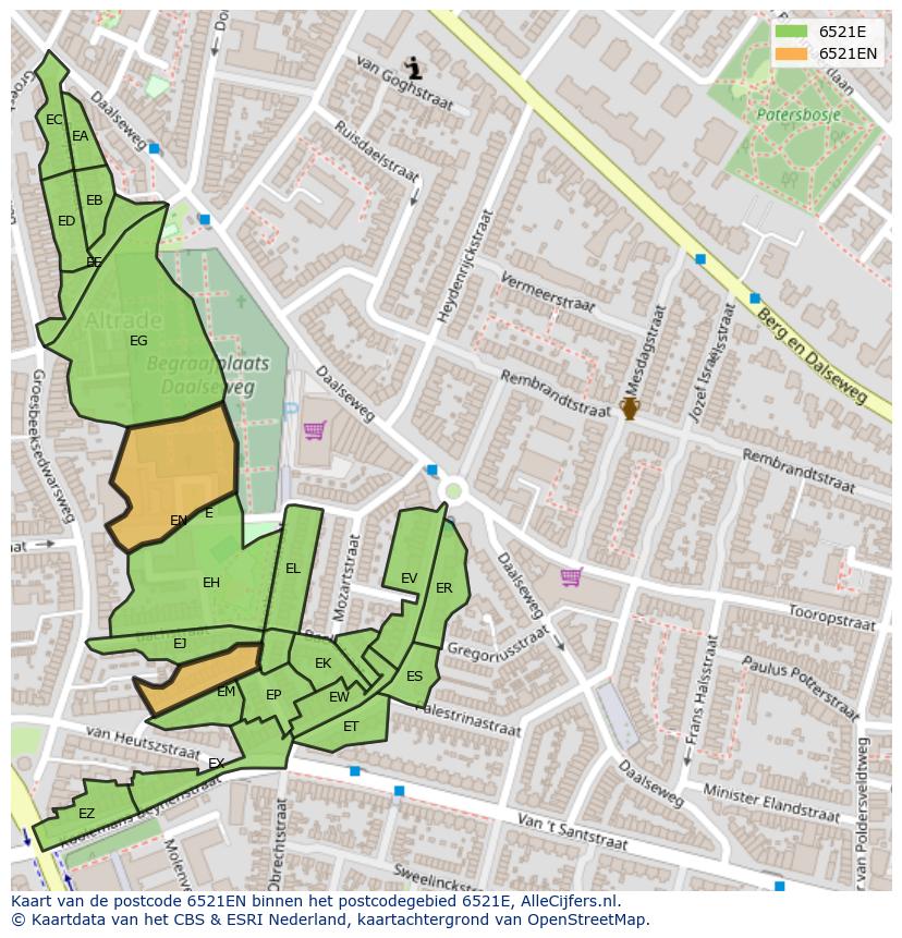 Afbeelding van het postcodegebied 6521 EN op de kaart.