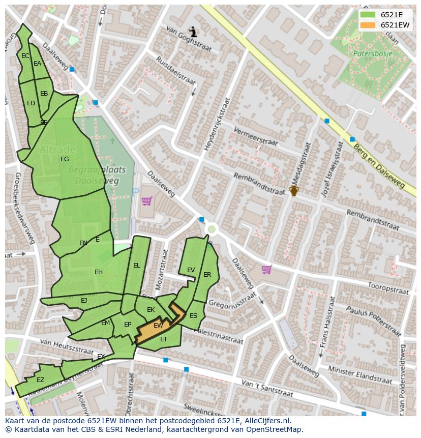 Afbeelding van het postcodegebied 6521 EW op de kaart.