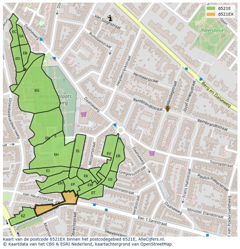 Afbeelding van het postcodegebied 6521 EX op de kaart.