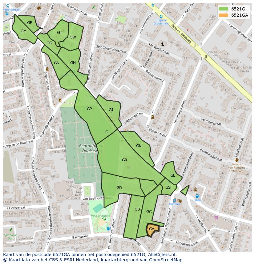 Afbeelding van het postcodegebied 6521 GA op de kaart.