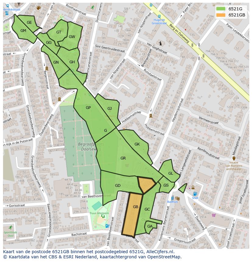 Afbeelding van het postcodegebied 6521 GB op de kaart.