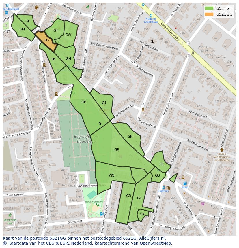 Afbeelding van het postcodegebied 6521 GG op de kaart.