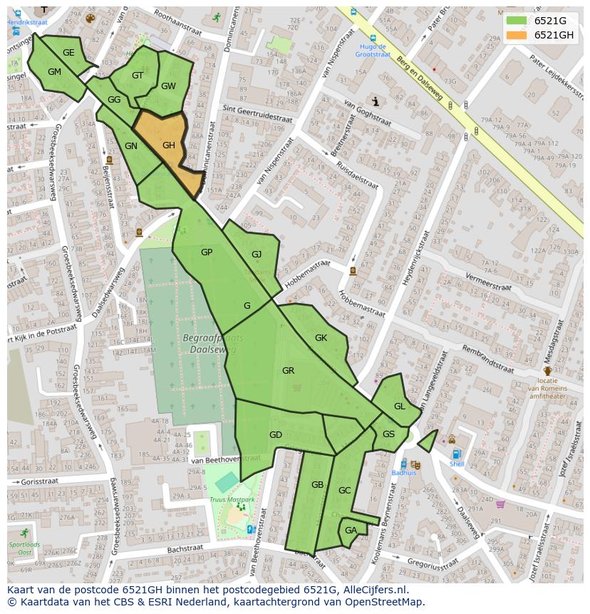 Afbeelding van het postcodegebied 6521 GH op de kaart.