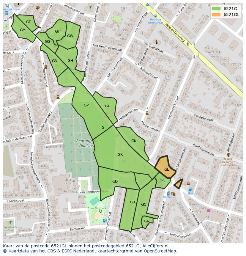 Afbeelding van het postcodegebied 6521 GL op de kaart.