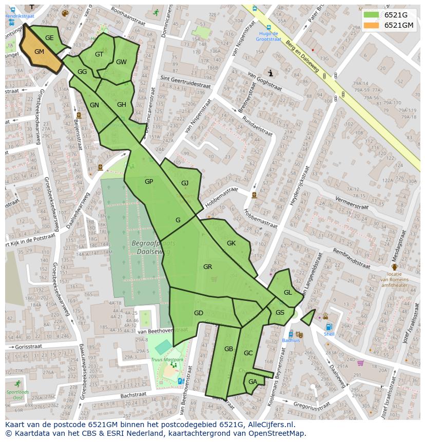 Afbeelding van het postcodegebied 6521 GM op de kaart.