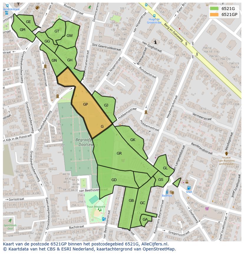 Afbeelding van het postcodegebied 6521 GP op de kaart.