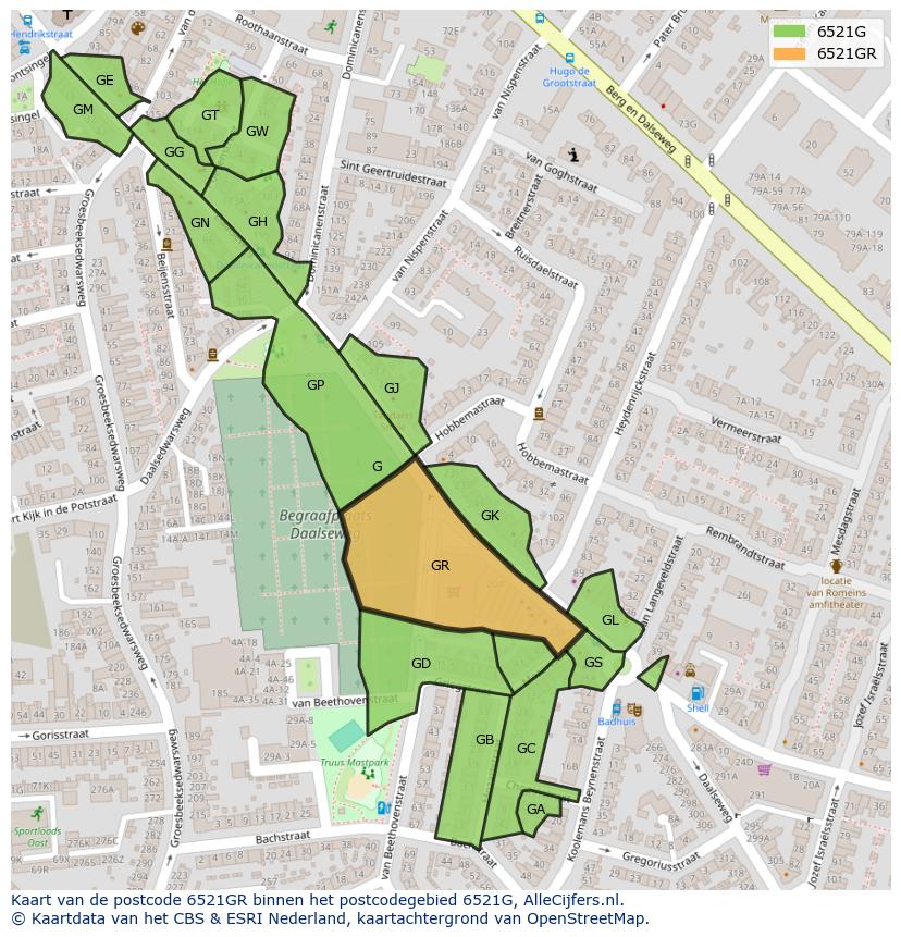 Afbeelding van het postcodegebied 6521 GR op de kaart.