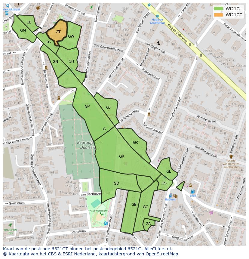 Afbeelding van het postcodegebied 6521 GT op de kaart.