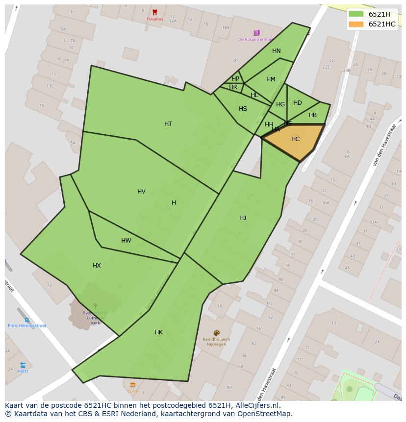 Afbeelding van het postcodegebied 6521 HC op de kaart.