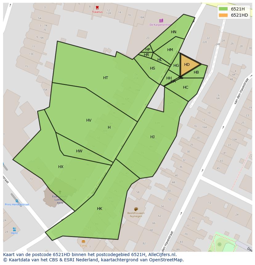 Afbeelding van het postcodegebied 6521 HD op de kaart.