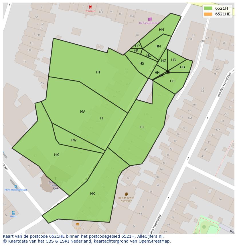 Afbeelding van het postcodegebied 6521 HE op de kaart.