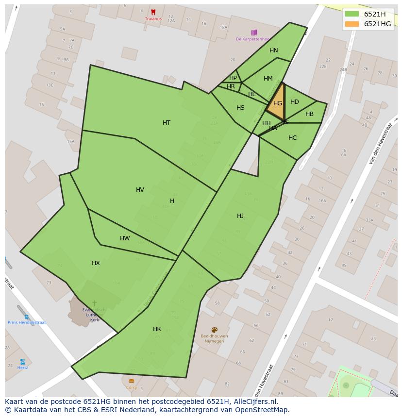 Afbeelding van het postcodegebied 6521 HG op de kaart.
