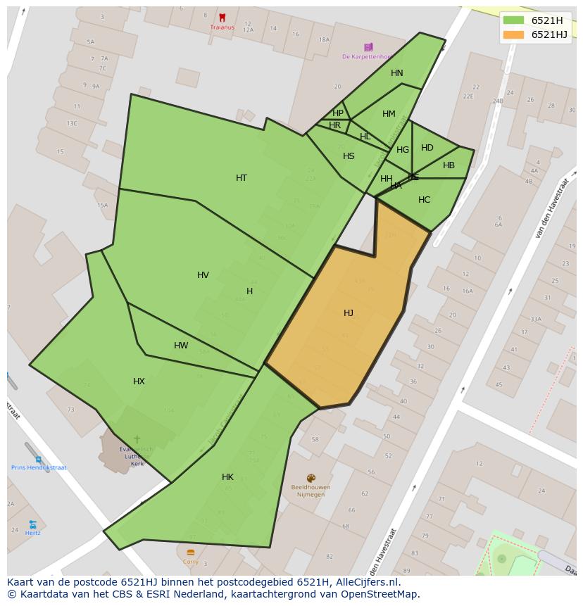 Afbeelding van het postcodegebied 6521 HJ op de kaart.