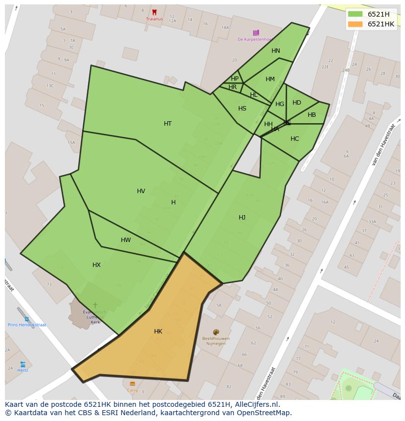 Afbeelding van het postcodegebied 6521 HK op de kaart.