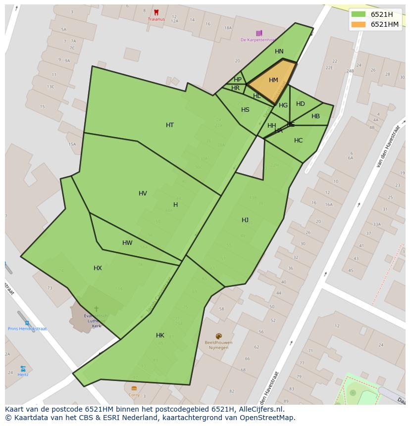 Afbeelding van het postcodegebied 6521 HM op de kaart.