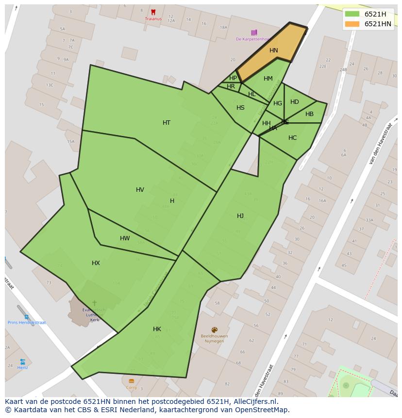Afbeelding van het postcodegebied 6521 HN op de kaart.