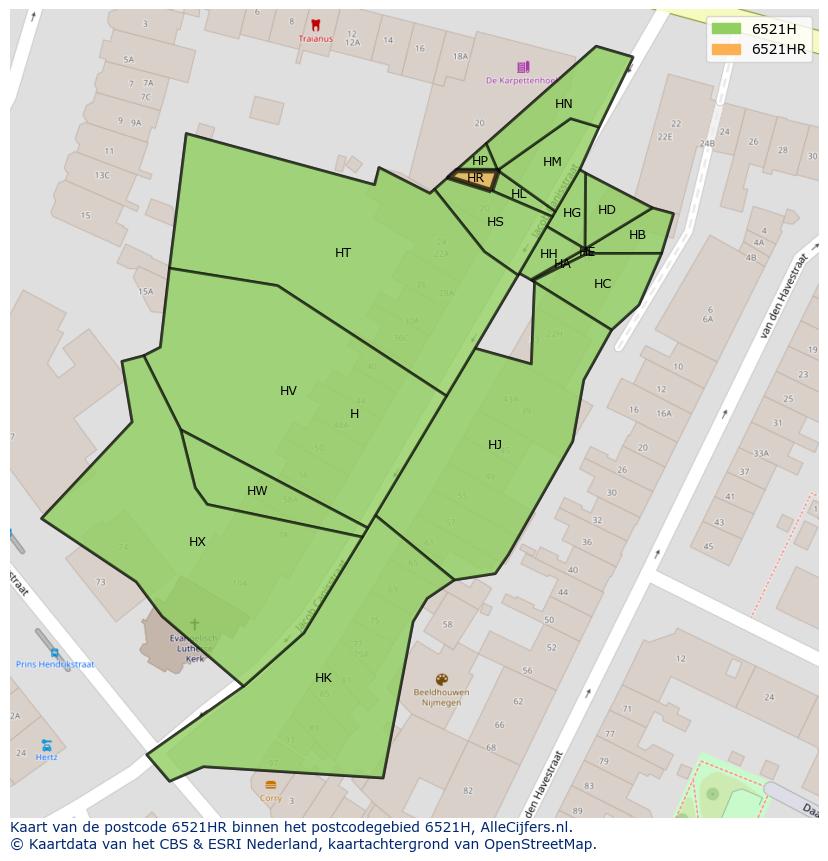 Afbeelding van het postcodegebied 6521 HR op de kaart.