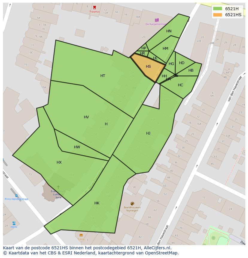 Afbeelding van het postcodegebied 6521 HS op de kaart.