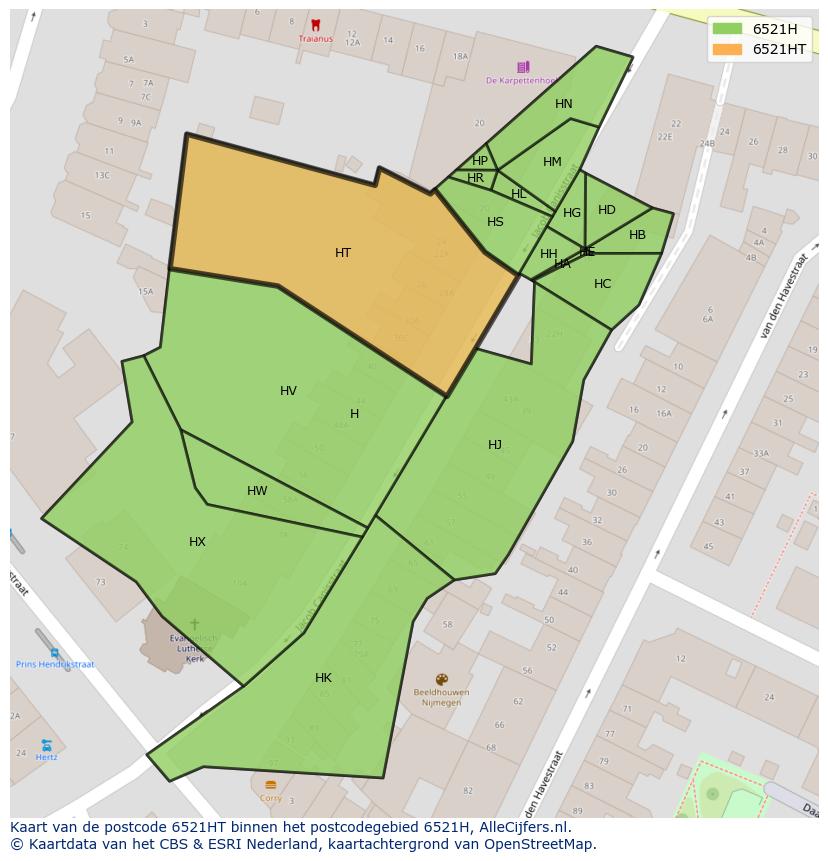 Afbeelding van het postcodegebied 6521 HT op de kaart.