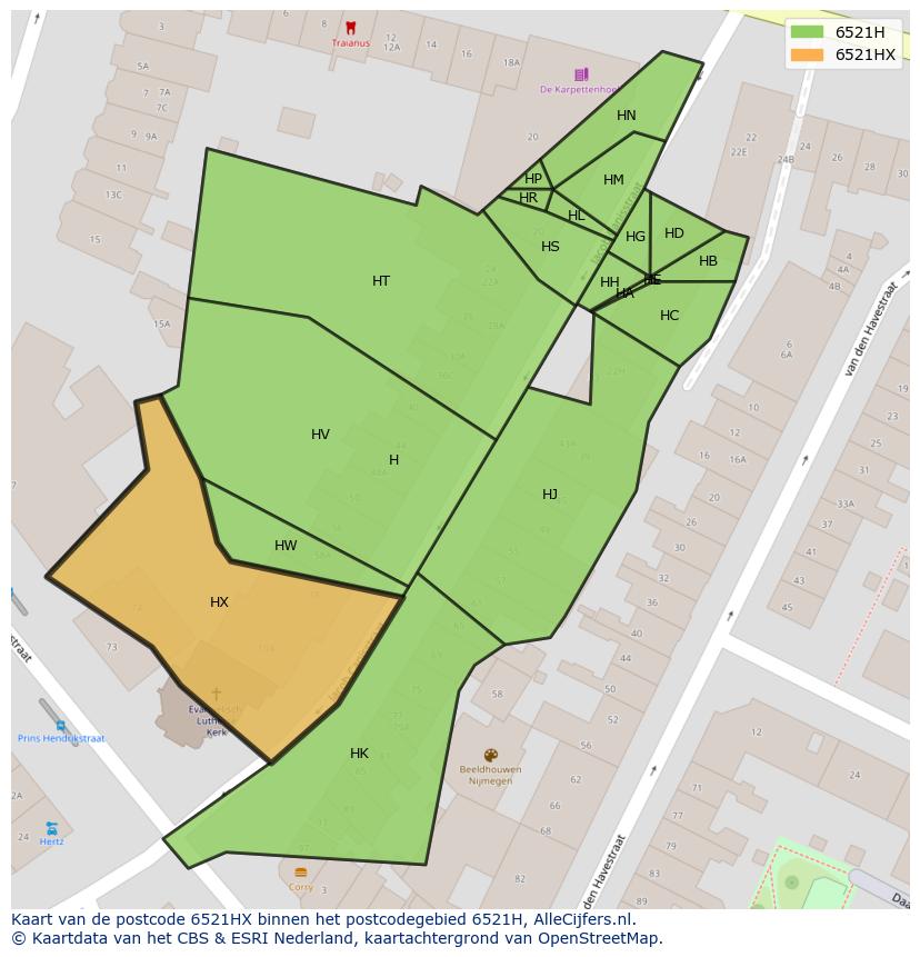 Afbeelding van het postcodegebied 6521 HX op de kaart.