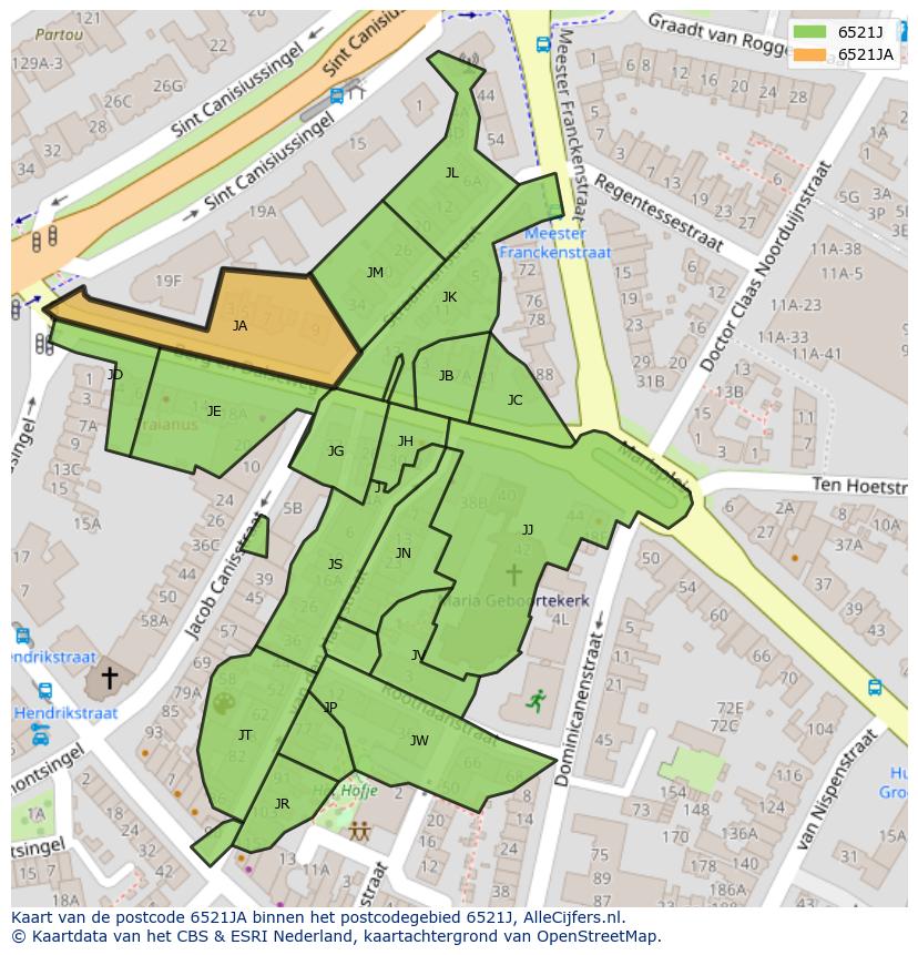 Afbeelding van het postcodegebied 6521 JA op de kaart.