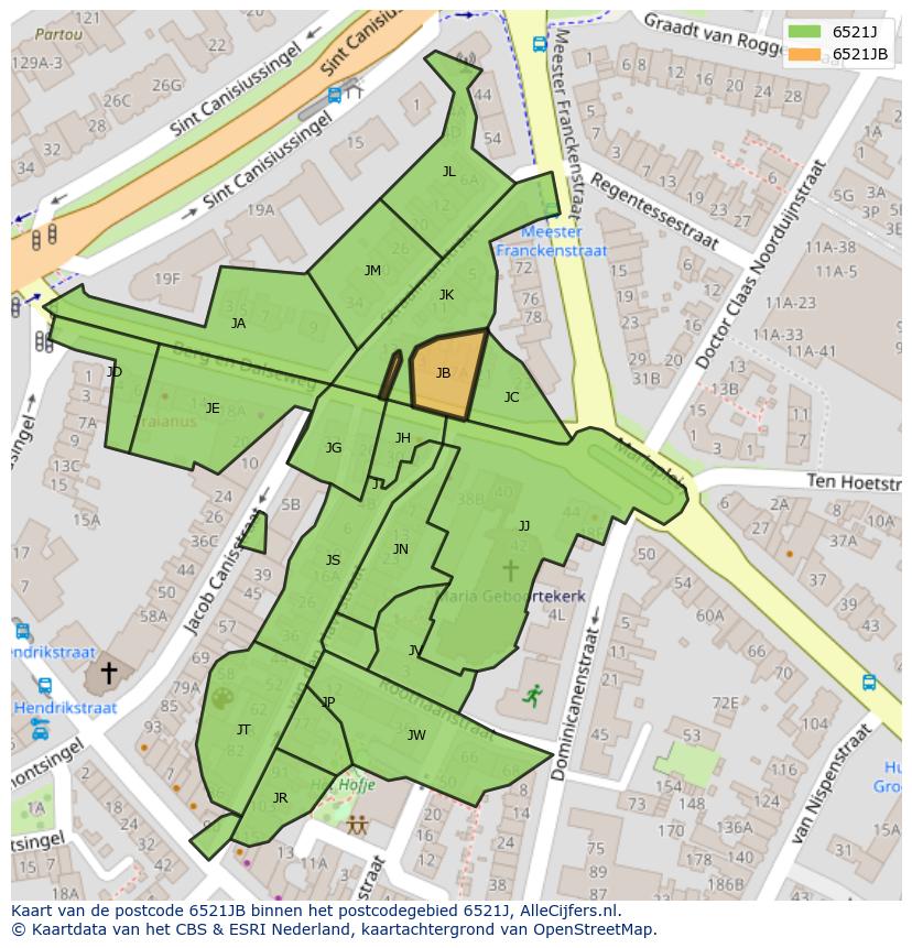 Afbeelding van het postcodegebied 6521 JB op de kaart.