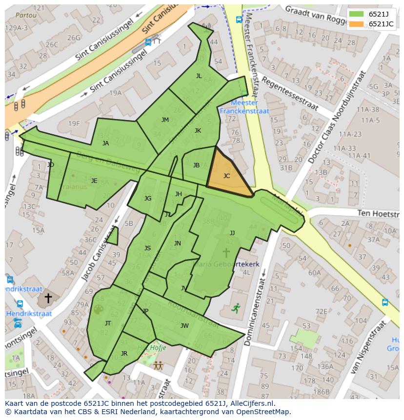 Afbeelding van het postcodegebied 6521 JC op de kaart.