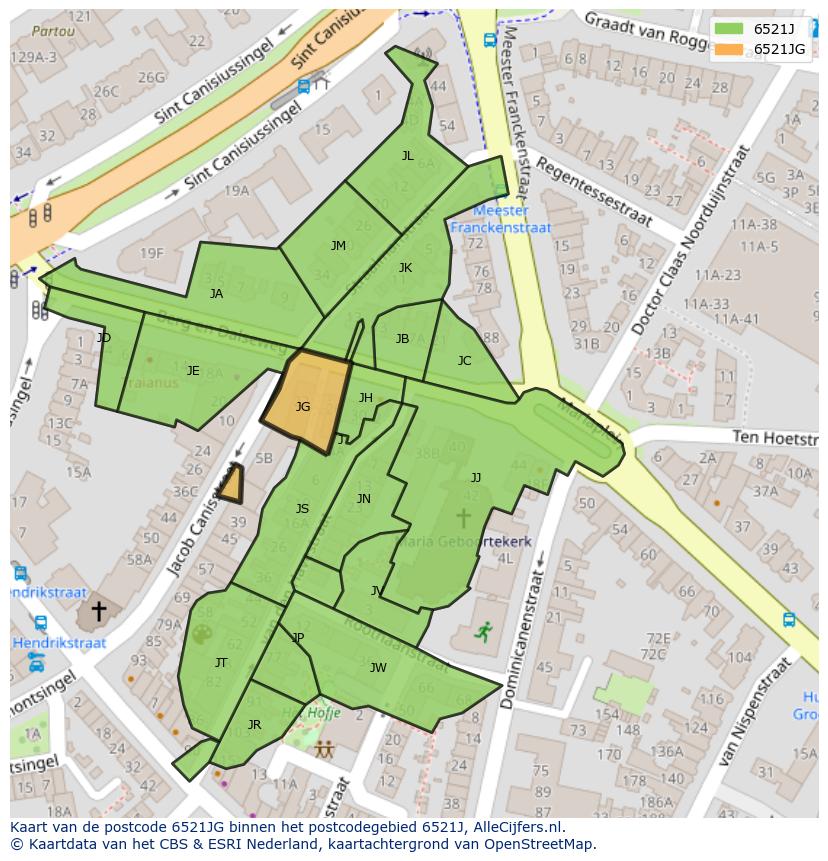 Afbeelding van het postcodegebied 6521 JG op de kaart.