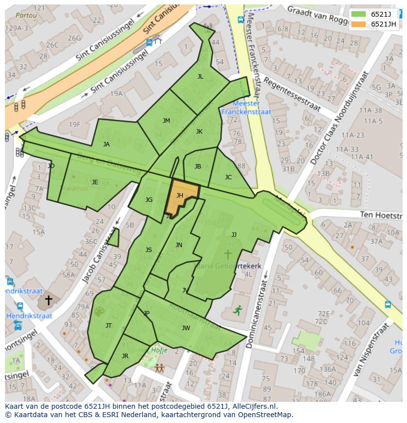 Afbeelding van het postcodegebied 6521 JH op de kaart.