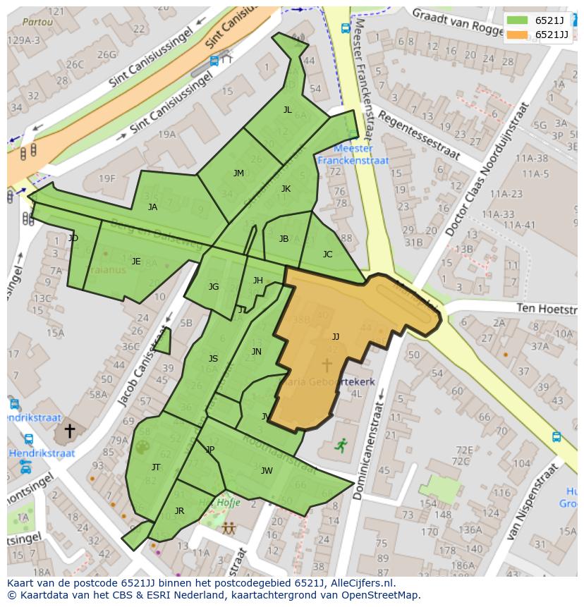 Afbeelding van het postcodegebied 6521 JJ op de kaart.