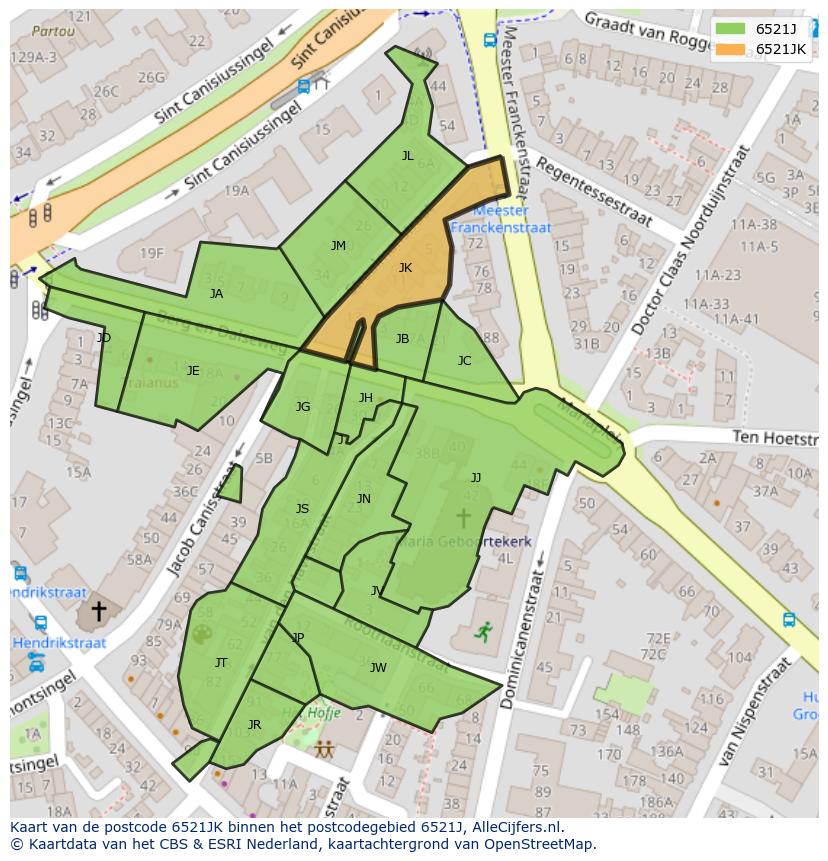 Afbeelding van het postcodegebied 6521 JK op de kaart.