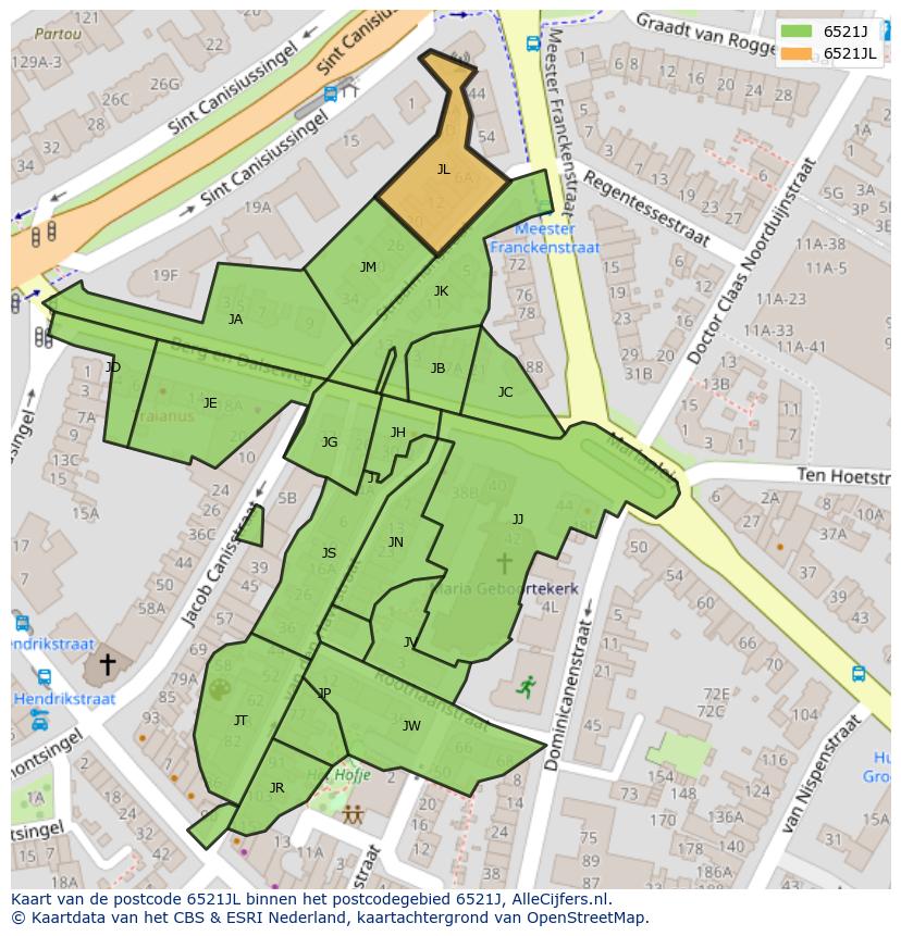 Afbeelding van het postcodegebied 6521 JL op de kaart.