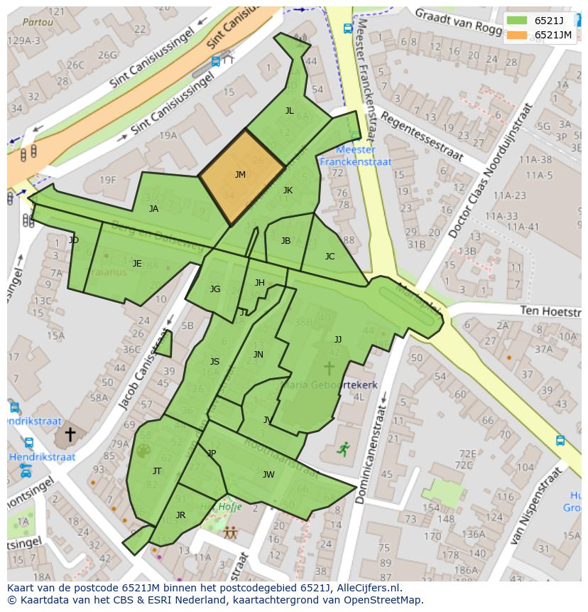 Afbeelding van het postcodegebied 6521 JM op de kaart.