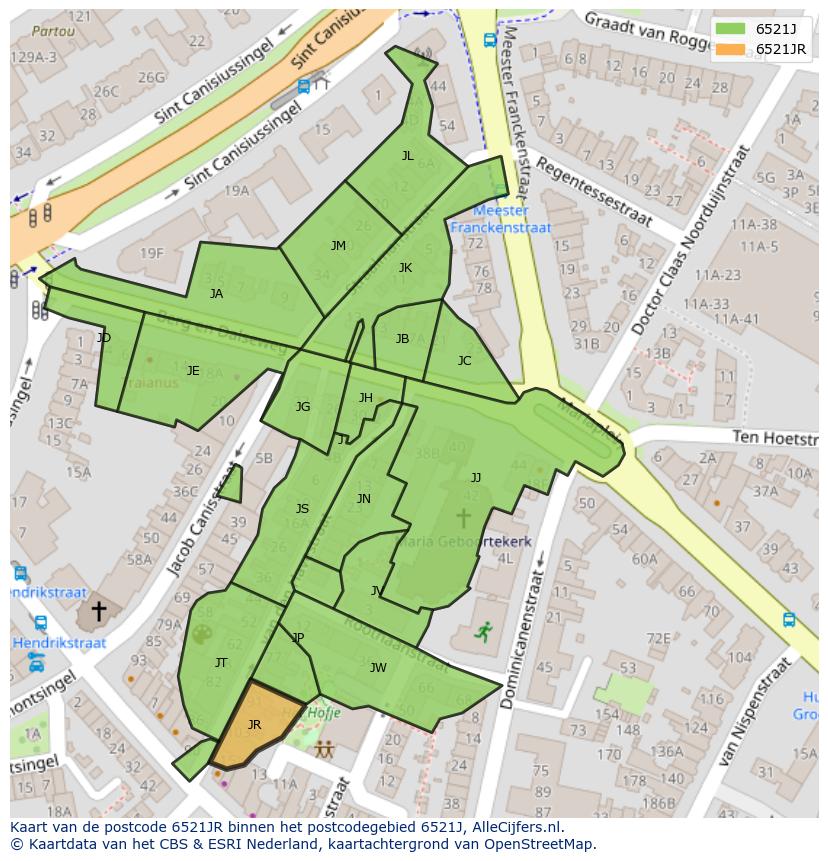Afbeelding van het postcodegebied 6521 JR op de kaart.
