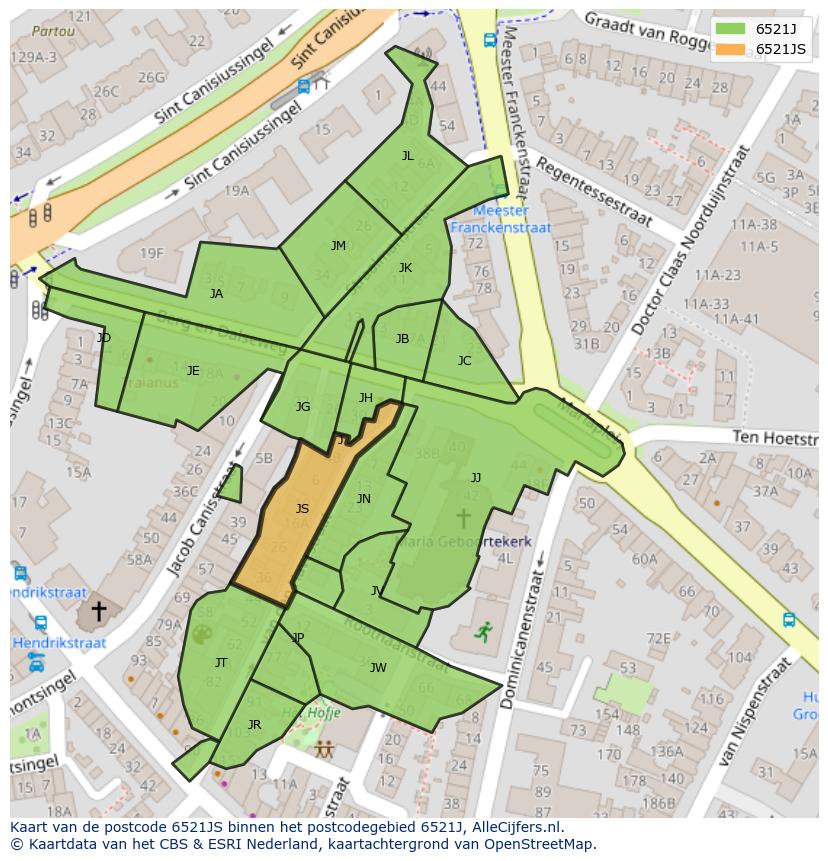 Afbeelding van het postcodegebied 6521 JS op de kaart.