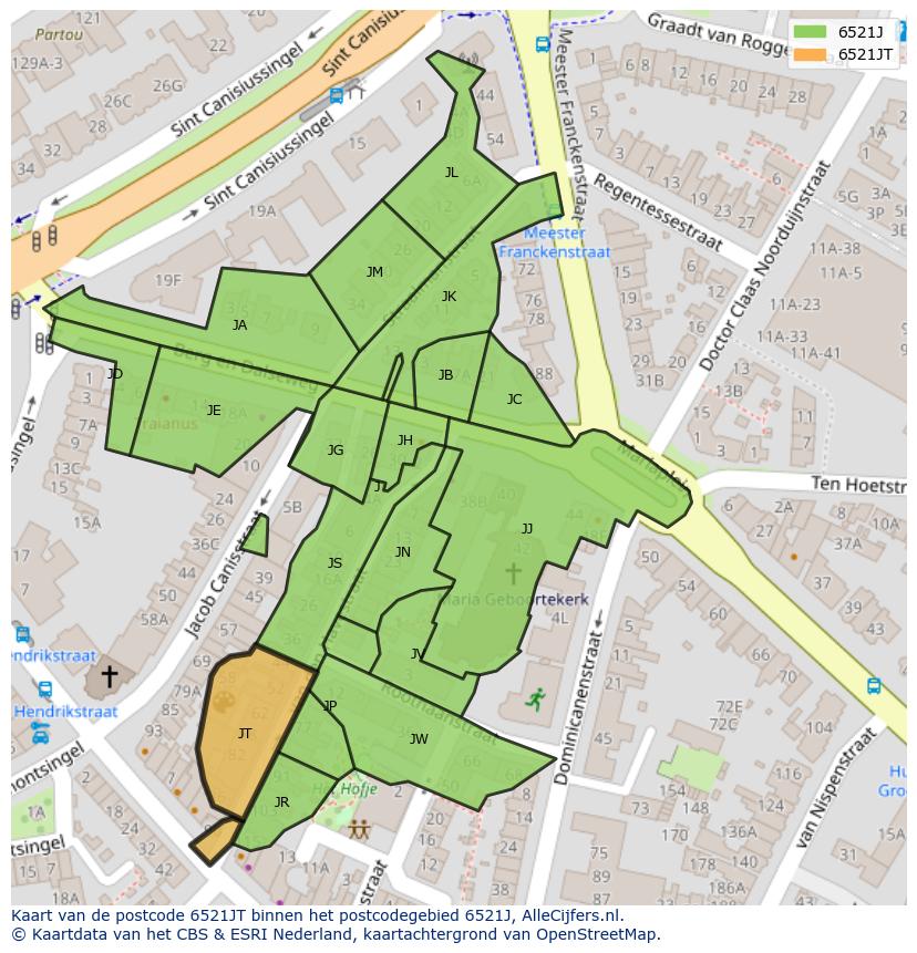 Afbeelding van het postcodegebied 6521 JT op de kaart.